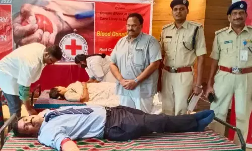Airport Director Lakshmikantha Reddy along with his wife donating blood at a blood donation camp at Vijayawada International Airport on Friday