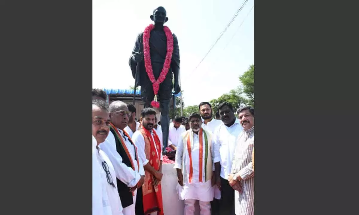 On the occasion of Mahatma Gandhis 153rd birth anniversary, TPCC President Revanth Reddy and others paying tributes at Gandhi Ideology Centre, Bowenepally  on Sunday	Photo: G Ramesh