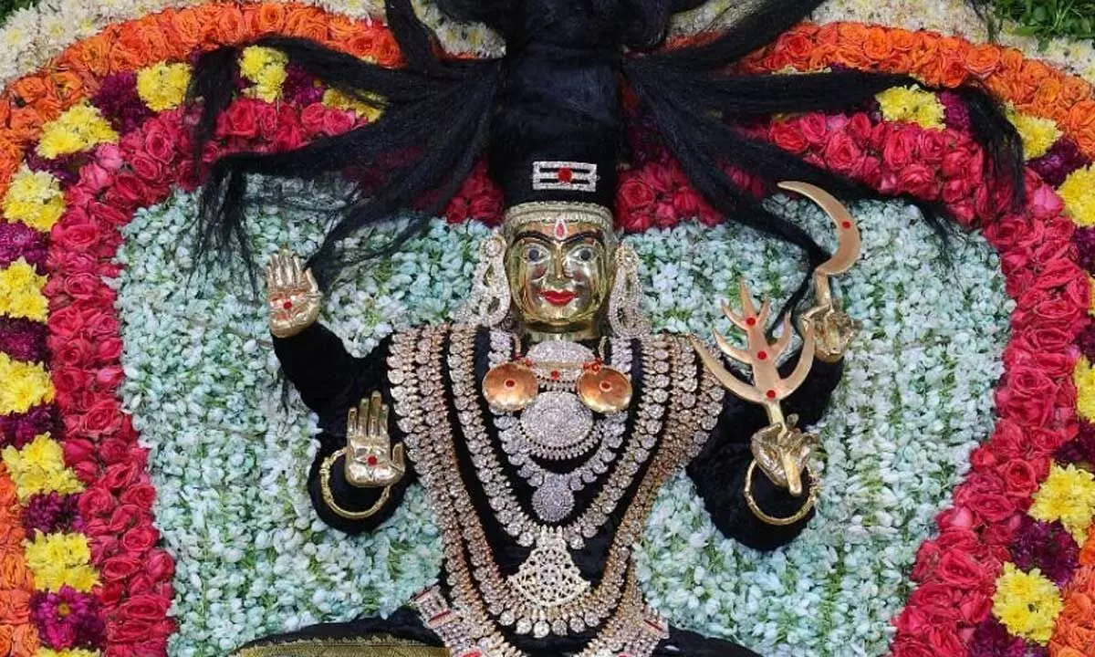 Goddess Brahmarambika Devi decorated as Kalaratri incarnation as part of 7th day of Navaratri Dasara Mahotsavams in Srisailam temple on Sunday.