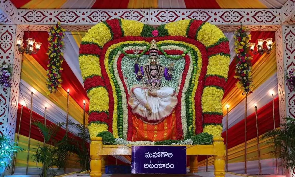 Goddess blesses devotees in Maha Gowri Alankaram at Srisailam