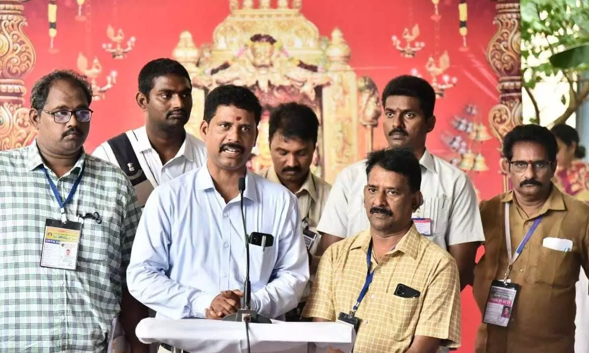 District Collector S Dilli Rao addressing the media atop Indrakeeladri on Tuesday Photo: Ch Venkata Mastan