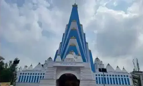 The pandal is a replica of the under-construction Chandrodaya temple of Vrindavan