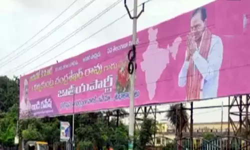 Hoardings congratulating KCR on launch of BRS erected in Vijayawada
