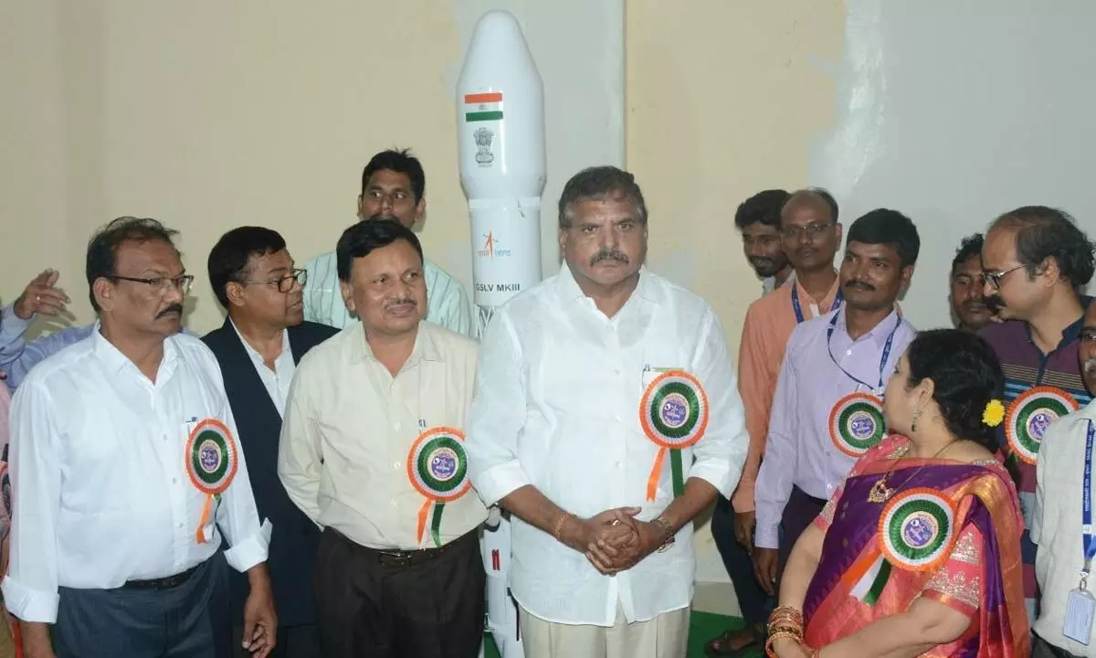 Minister Botcha Satyanarayana launching ‘World Space Week’ at SITAM on Thursday