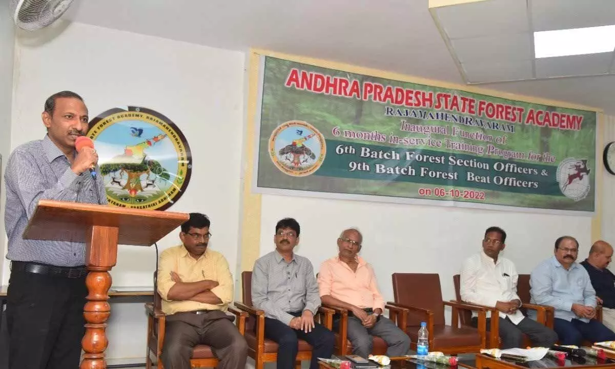 Chief Conservator of Forests S Saravanan speaking at the inaugural function of 9th batch FBOs and 6th batch FSOs training in Rajamahendravaram on Thursday