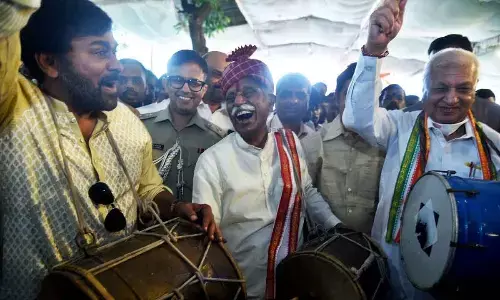 Haryana Governor Bandaru Dattatraya, megastar Chiranjeevi and Kerala Governor Arif Mohammad Khan during Alai Balai programme in Hyderabad on Thursday