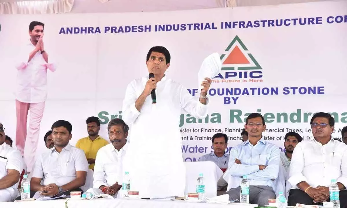 Finance Minister Buggana Rajendranath Reddy speaking after laying foundation stone for a water pipeline from Mucchumarri to Orvakal Mega Industrial Hub at Orvakal on Friday