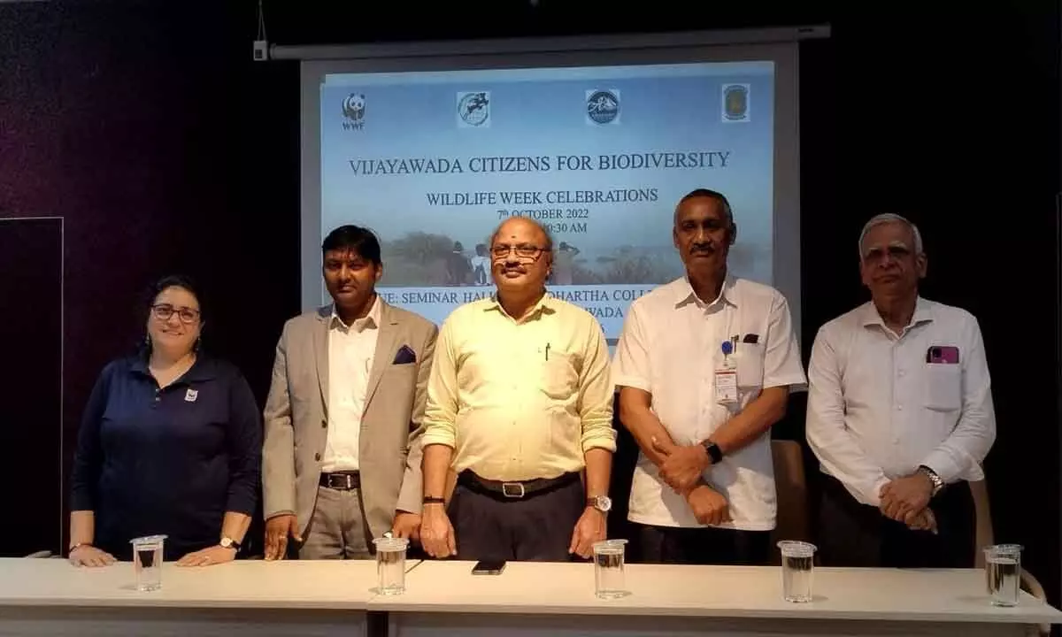 WWF members explaining biodiversity at a programme at PB Siddhartha College of Arts and Science in Vijayawada on Friday