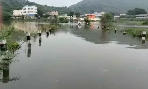 Floodwater overflowing on a bridge at Peddamadur of Amaravati mandal on Friday