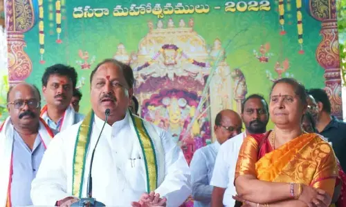 Endowments Minister Kottu Satyanarayana speaking to the media at Media Point atop Indrakeeladri on Friday