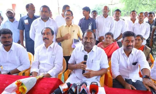 Minister Koppula Eshwar speaking at a press conference in Jagtial on Friday