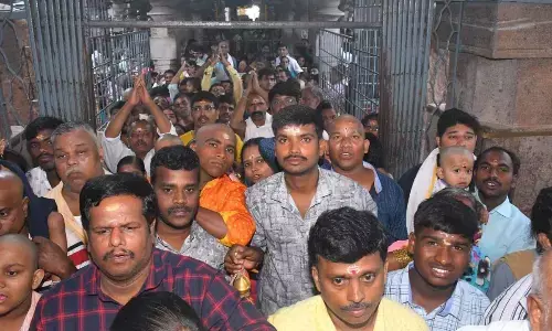 A large number of devotees throng Srisailam temple to perform Laksha Kumkumarchana to Goddess Brahmarabika Devi on Sunday
