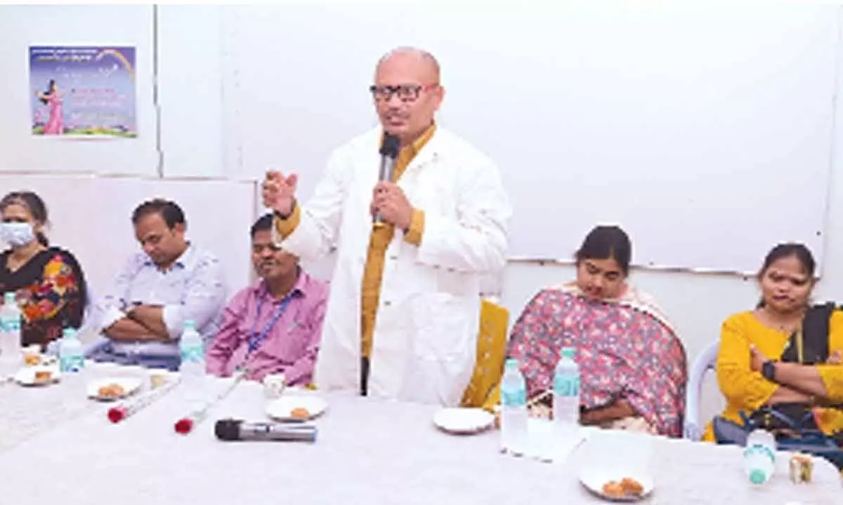 Ruia hospital Psychiatry head Dr N Nageswara Rao addressing at World Mental Health Day programme in Tirupati on Monday. Dr Vamsi Krishna, Dr Ramya Keerthi and others are seen.