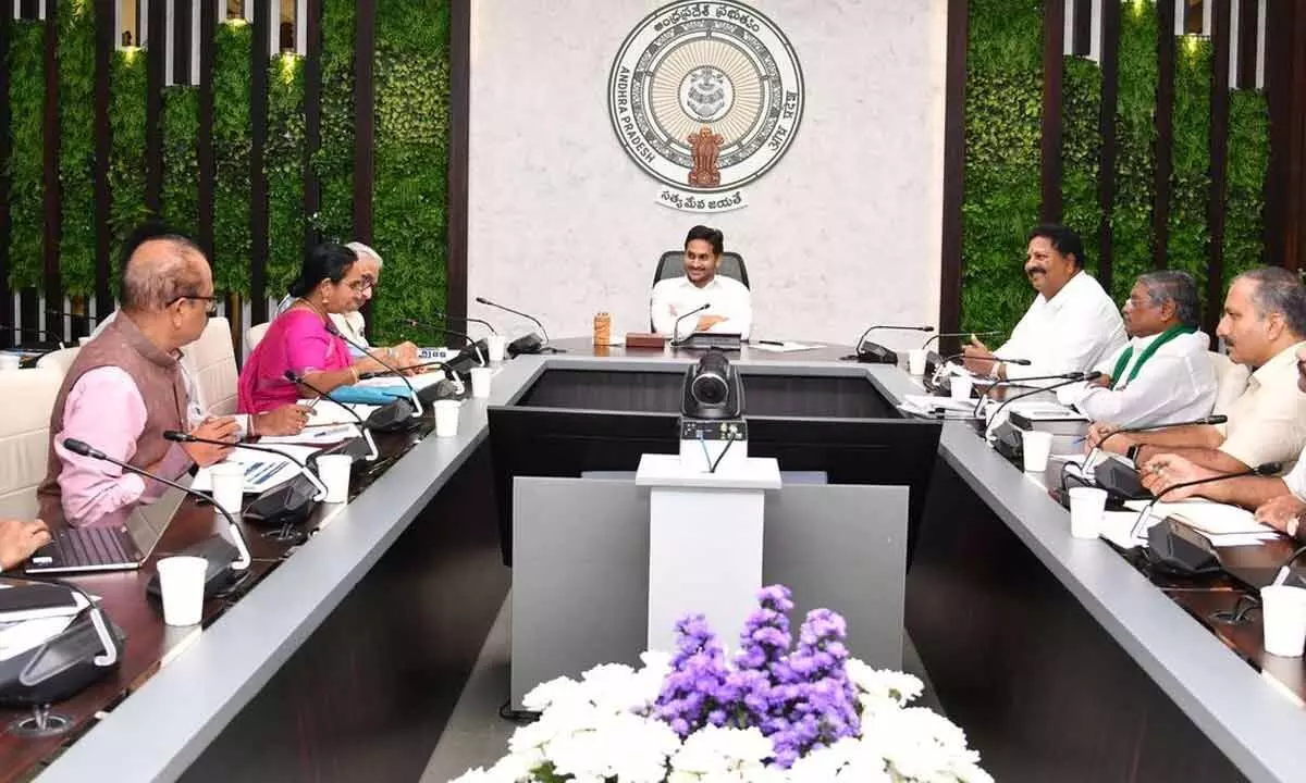 Chief Minister Y S Jagan Mohan Reddy holding a review meeting with the officials of Agriculture and Civil Supplies departments at his camp office in Tadepalli on Tuesday