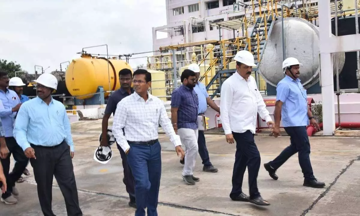 Prakasam District Collector AS Dinesh Kumar along with higher officials from Pollution Control Board and Industries Department inspecting safety norms at Bhagiradha Chemicals and Industries Limited at Cheruvukommu Palem on Tuesday