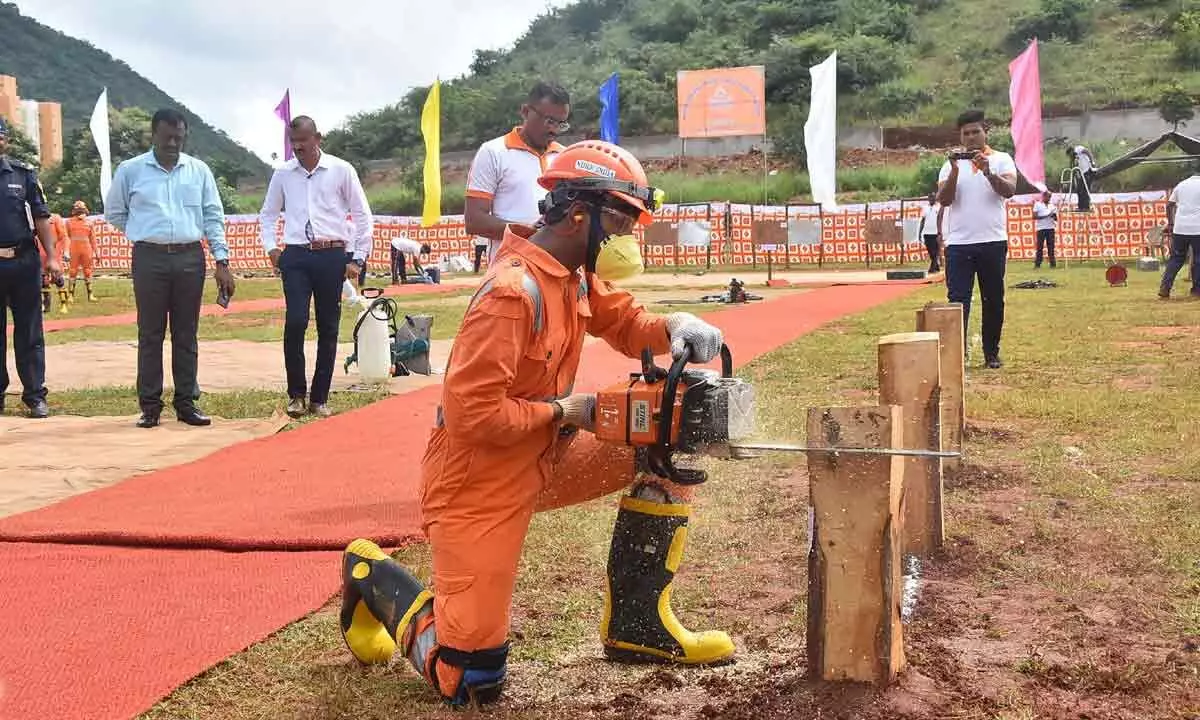 NDRF Battalions participating in the competitions at 10th Battaliion at Kondapavuluru on Tuesday
