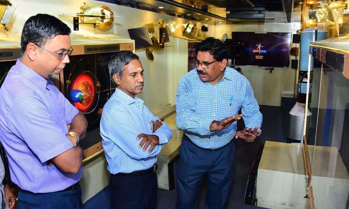 IIIT Sri City Director Prof G Kannabiran visiting the Space on Wheels exhibition on Tuesday. SDSC SHAR general manager Srinivasulu and others are seen.