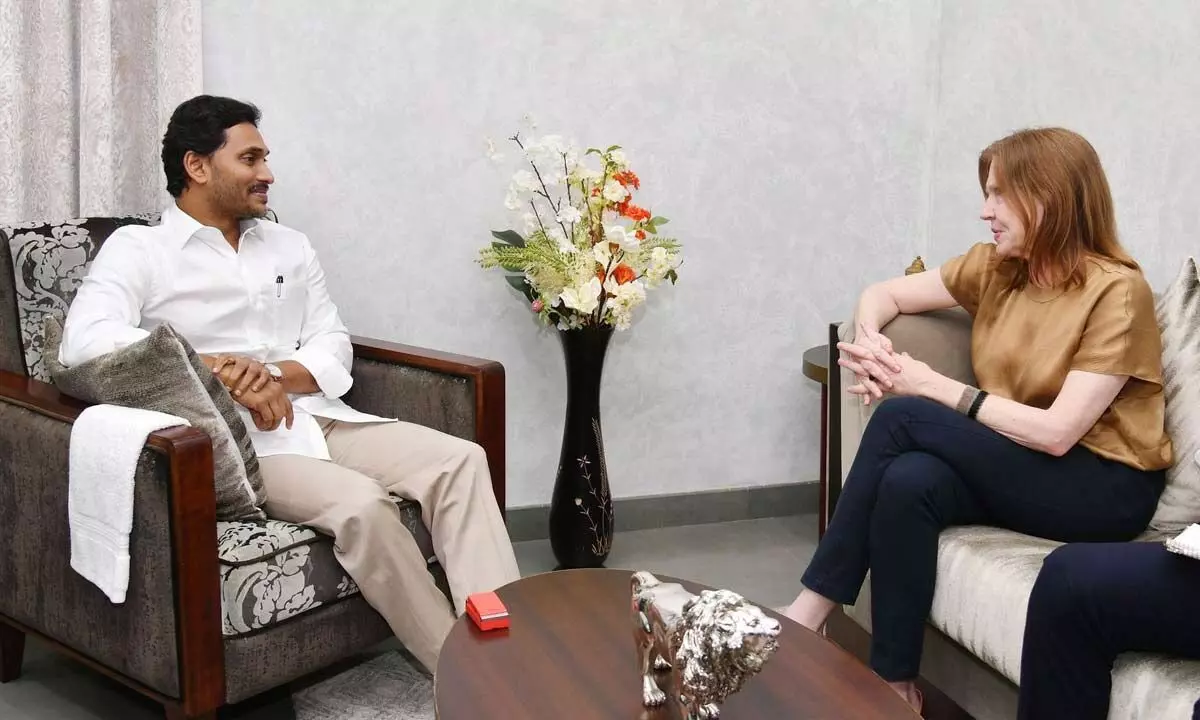 US Consul General, Hyderabad, Jennifer Larson, calls on Chief Minister Y S Jagan Mohan Reddy at his camp office in Tadepalli on Wednesday