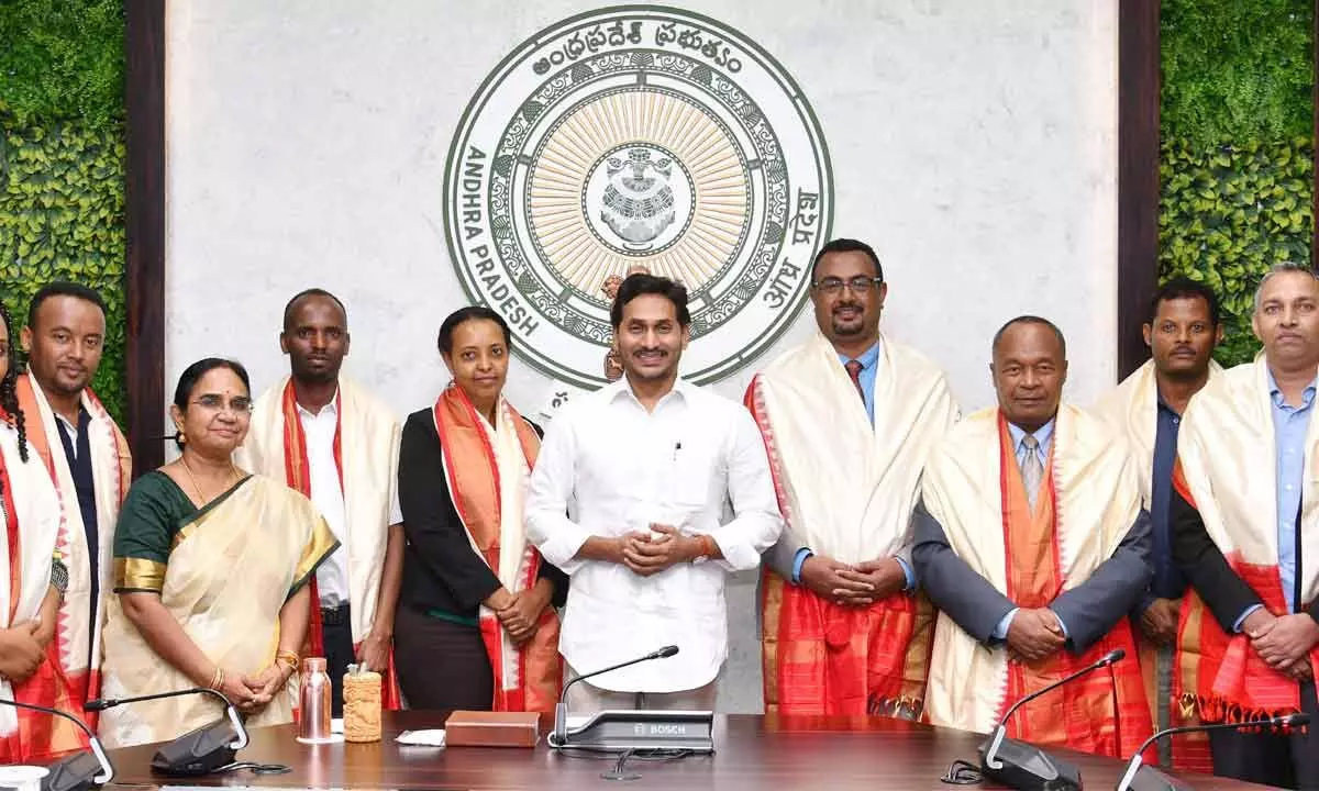 A delegation from Ethiopia meets Chief Minister Y S Jagan Mohan Reddy at his cmap office in Tadepalli on Wednesday