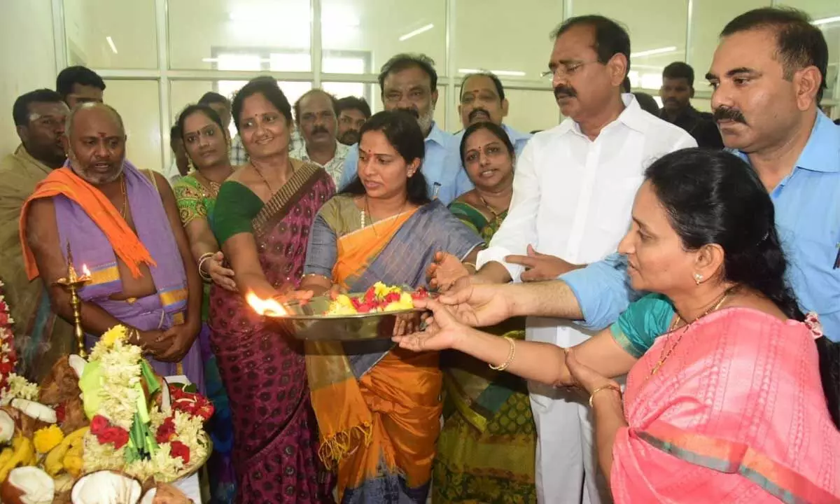 MLA Bhumana Karnukar Reddy, Mayor Dr R Sirisha and others performing puja at the temporary office building of municipal corporation in Tirupati on Wednesday.