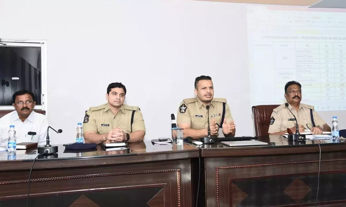 Superintendent of Police Siddarth Kaushal holds monthly crime review meeting with the district police officials at Ved Vyas Auditorium in Kurnool on Wednesday. SEB Additional SP Krishna Kanth Patel and Additional SP D Prasad are also seen.