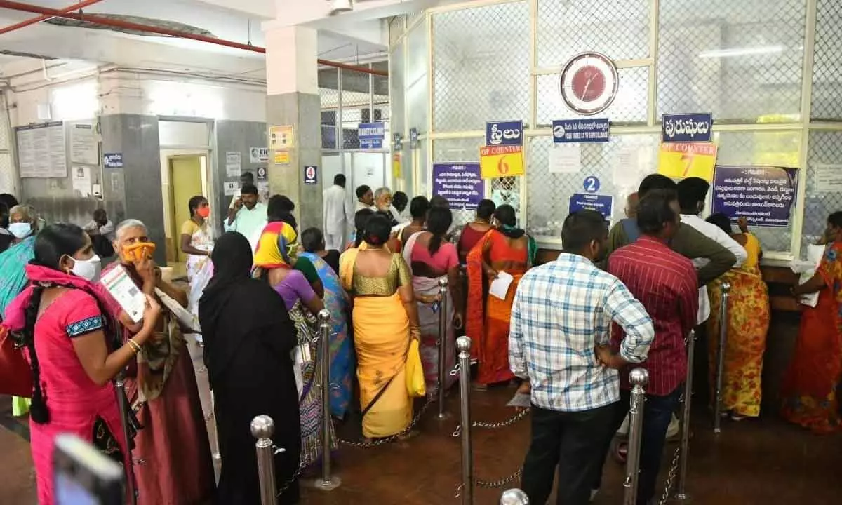 Patients waiting at GGH Vijayawada to take OP on Wednesday