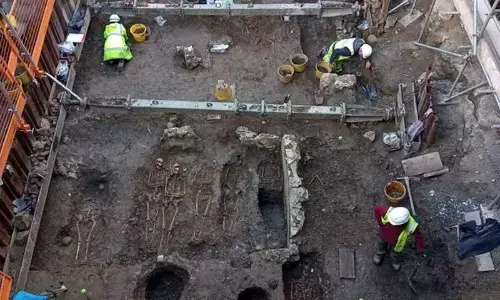 The remains of more than 240 people have been discovered among the ruins of a medieval priory. Photograph: Dyfed Archaeological Trust