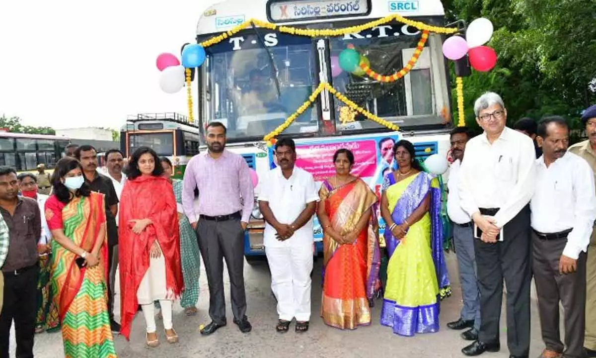 SC Corporation Chairman Banda Srinivas and district Collector RV Karnan launching an RTC hire bus in Karimnagar on Thursday