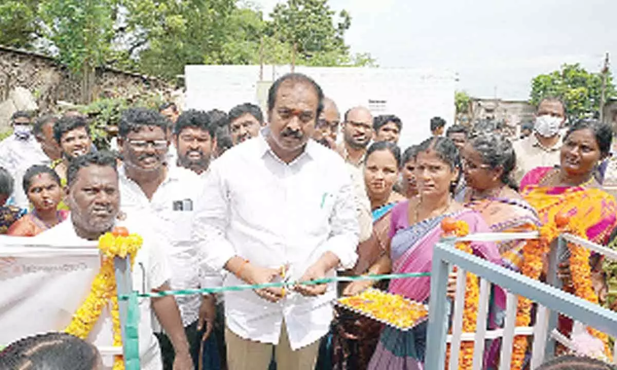 Kakinada Rural MLA Kurasala Kannababu inaugurating Anganwadi complex at Harbourpet on Friday