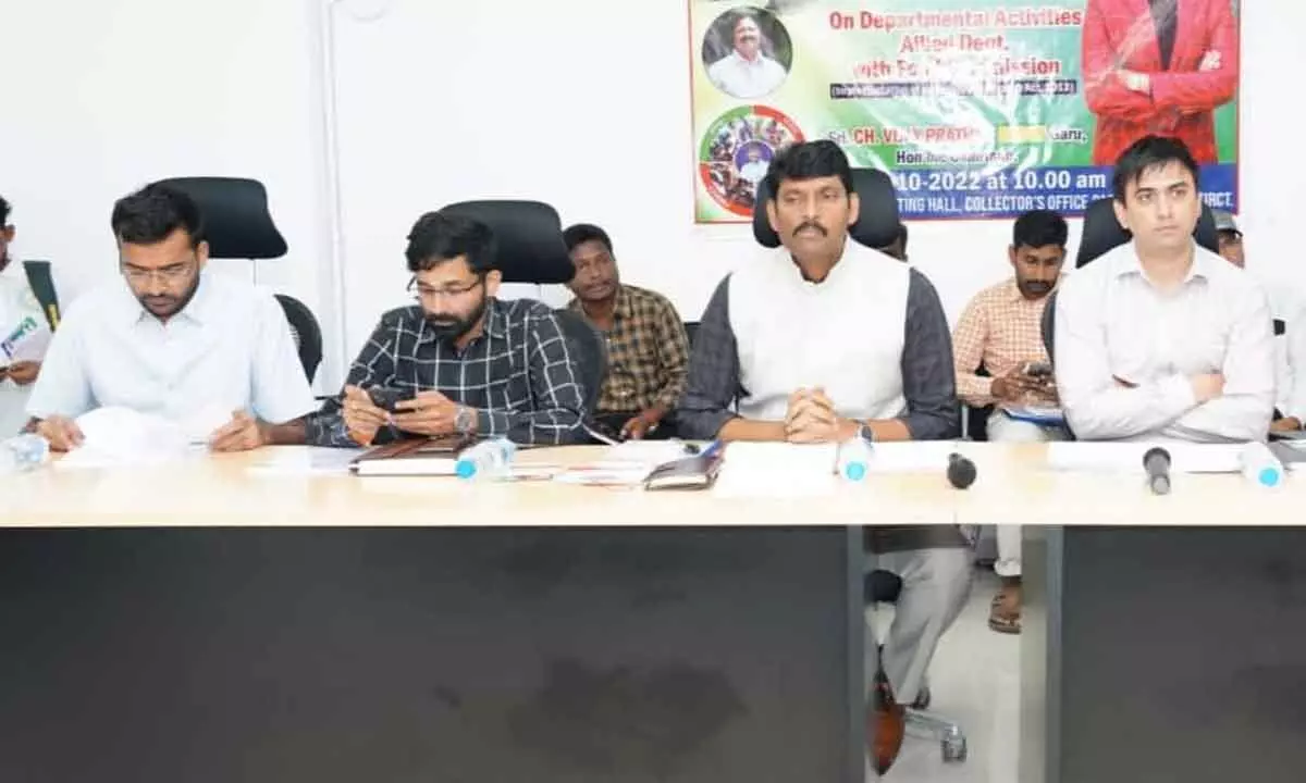 State Food Commission Chairman Ch Vijay Prathap Reddy, Alluri Sitarama Raju District Collector Sumeeth Kumar and others at a review meeting held at the Collectorate in Paderu on Friday