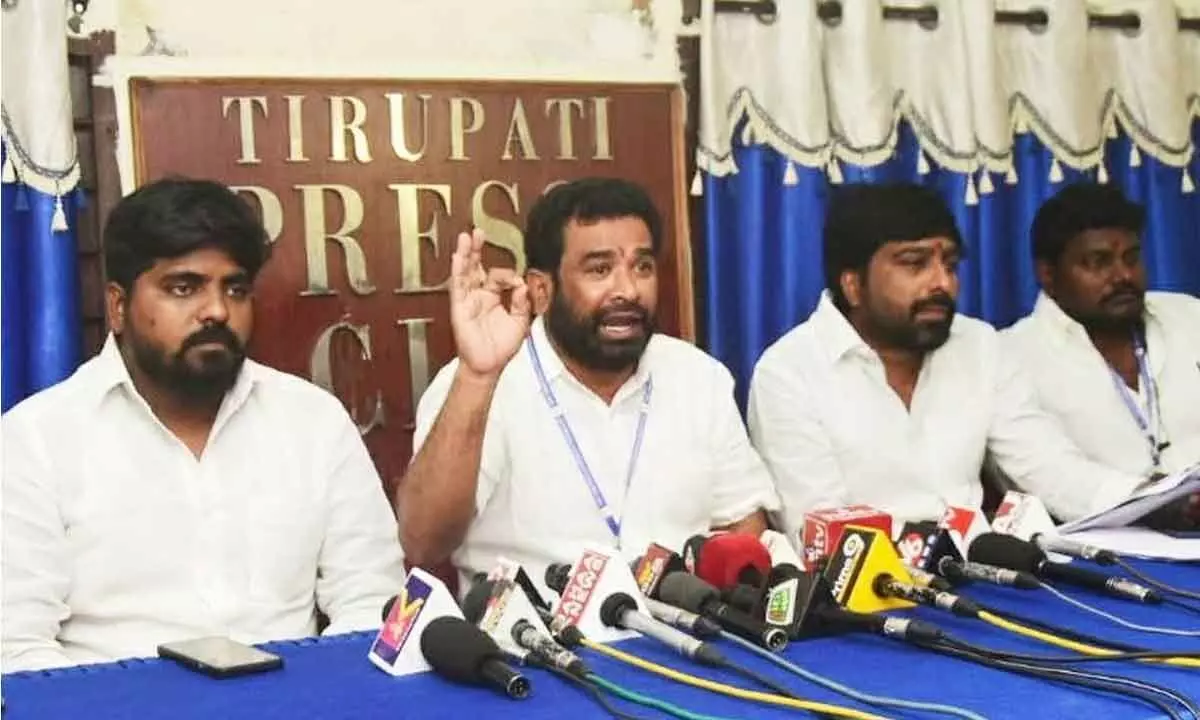 Tirupati cooperative town bank Chairman Ketham Jayachandra Reddy addressing media in Tirupati on Friday