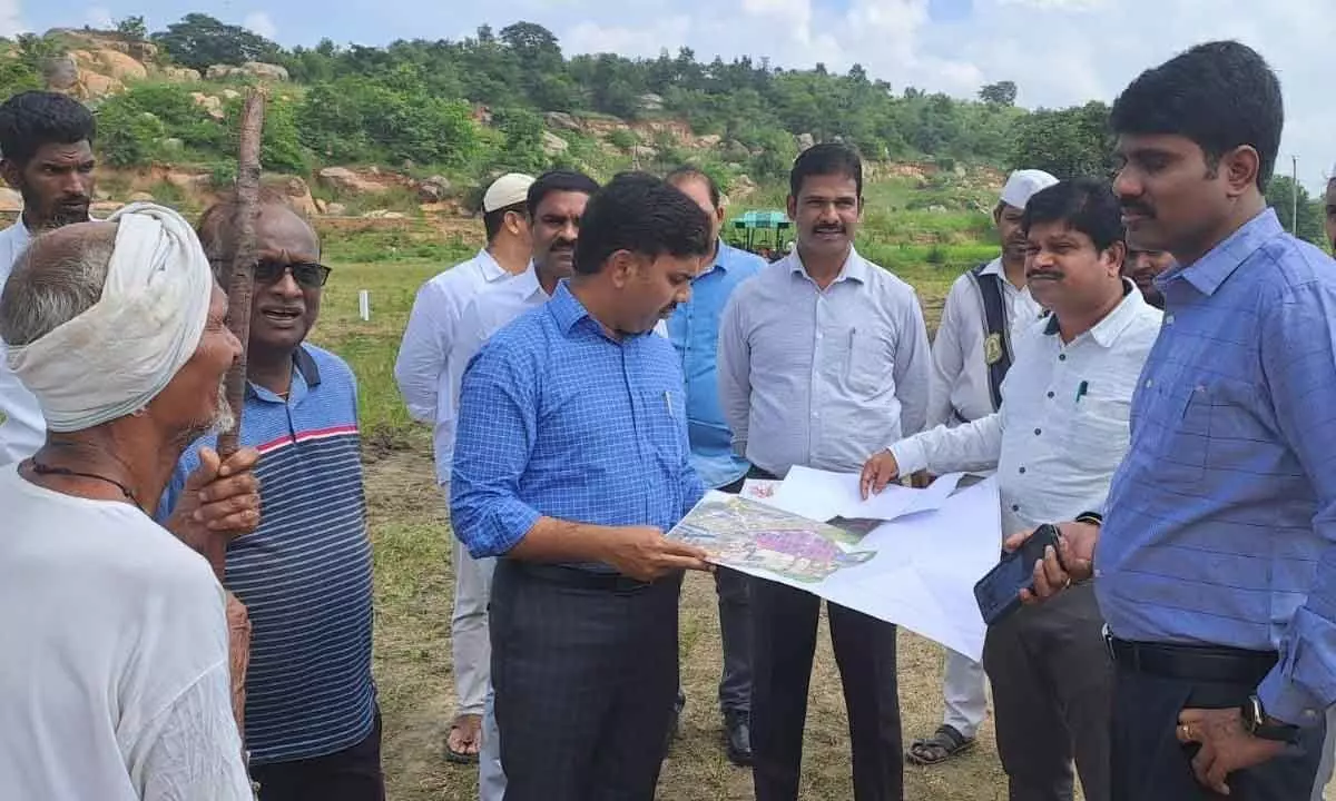 Collector C. Narayana Reddy inspecting the government land and the local conditions at the field level in Mallaram village near Nizamabad city on Friday