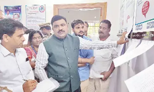 District Collector P Ranjith Basha checking the beneficiaries’ list of various schemes at grama sachivalayam at Peda Pulipaka village on Friday