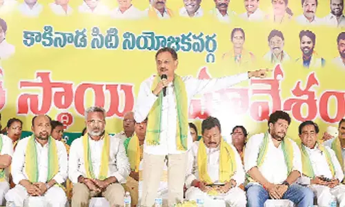 Former Minister Bandaru Satyanarayana Murthy addressing a meeting in Kakinada on Friday