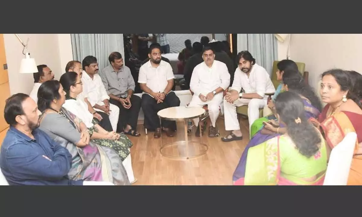 Jana Sena Party chief Pawan Kalyan during a meeting with the party leaders in Visakhapatnam