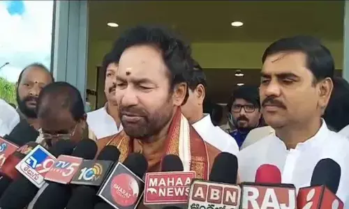 Union Minister G Kishan Reddy briefing the media at Gannavaram airport in Vijayawada on Monday
