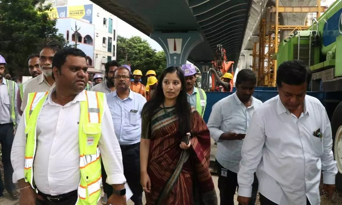 Municipal Commissioner Anupama Anjali inspecting Srinivasa Sethu flyover works in Tirupati on Tuesday