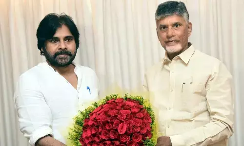 TDP national president and former chief minister Nara Chandrababu Naidu meets Jana Sena Party chief Pawan Kalyan in Vijayawada on Tuesday