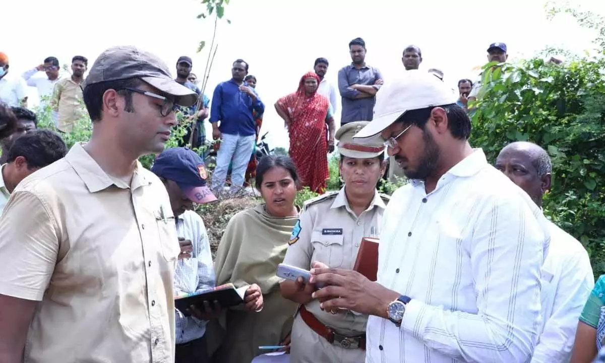District Collector VP Gautham inspecting Podu lands survey programme on Wednesday in Karepalli mandal in the district.