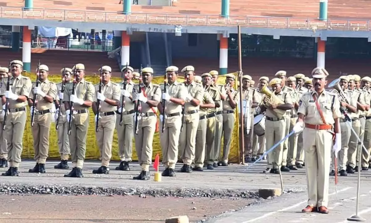Police personnel preparing for the Police Commemoration Day parade at IGMC Stadium in Vijayawada on Wednesday
