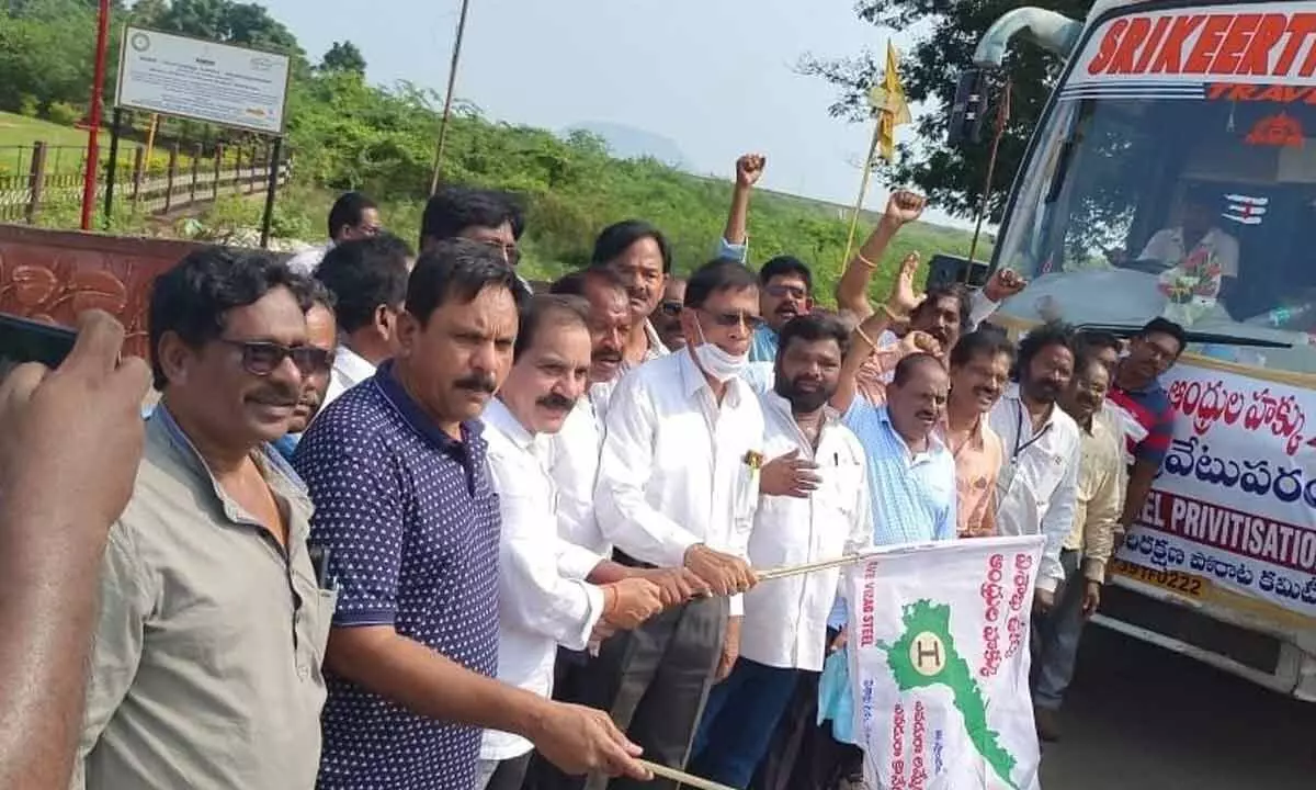 RINL retired officer KK Rao flagging off the yatra in Visakhapatnam on Wednesday