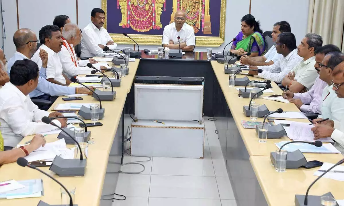 TTD Executive Officer AV Dharma Reddy holding a review meeting with officials in Tirupati on Wednesday