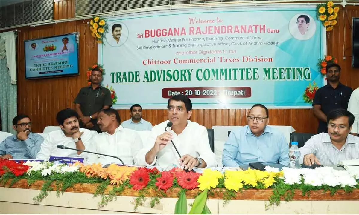 Finance minister Buggana Rajendranath Reddy addressing the Trade Advisory Committee meeting in Tirupati on Thursday. Deputy CM K Narayana Swamy, MP Dr M Gurumoorthy, special chief secretary SS Rawat and other officials are seen.