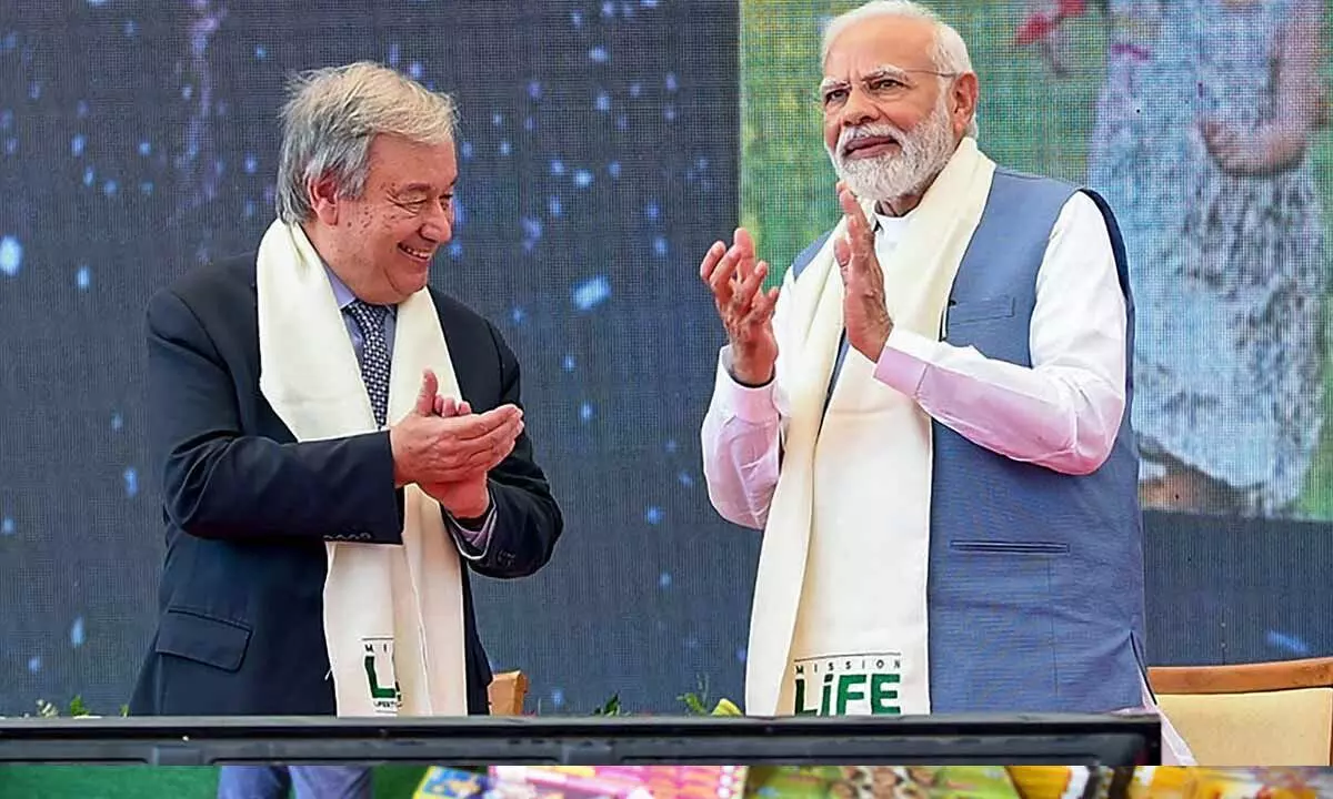 Prime Minister Narendra Modi and Secretary General of the United Nations Antonio Guterres during the launch of the Mission LiFE at Statue of Unity in Ekta Nagar in Gujarat on Thursday