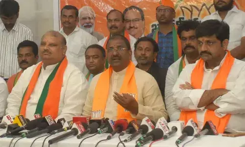 BJP State president Somu Veerraju speaking at a press meet in Ongole on Thursday