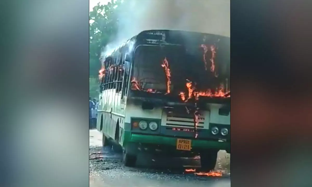 RTC bus catches fire in Krishna district, no casualties