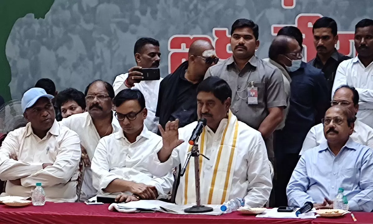 Minister D Prasada Rao (fourth from left) addressing at non-political JAC meet in Srikakulam on Sunday