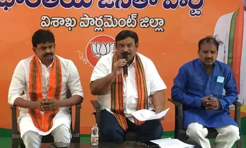 BJP state vice president P Vishnu Kumar Raju speaking at a media conference in Visakhapatnam on Sunday