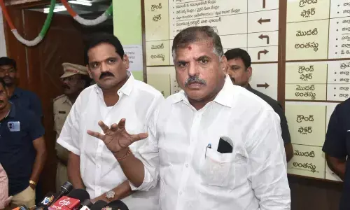 Education minister Botcha Satyanarayana speaking to media at Vizianagaram on Tuesday