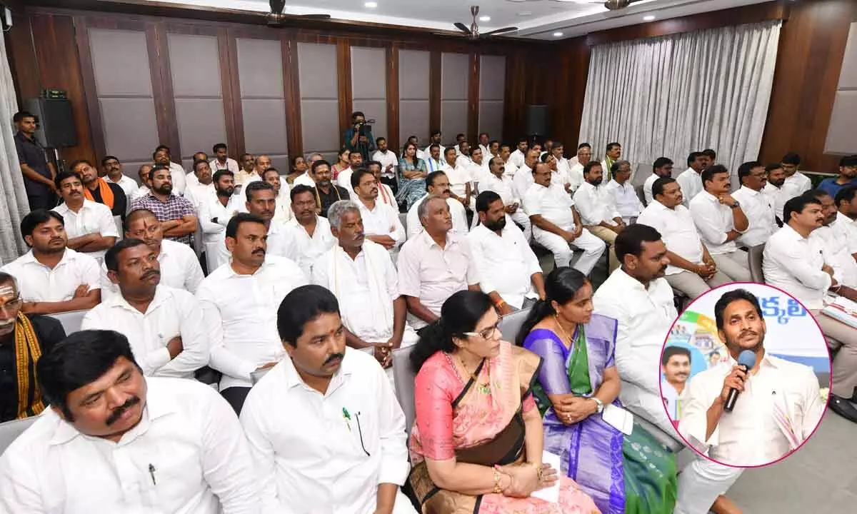 Chief Minister YS Jagan Mohan Reddy interacting with party members from Tekkali constituency in Srikakulam in Vijayawada on Wednesday